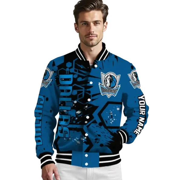 personalized dallas mavericks hexagon cluster blue black varsity jacket high quality.webp