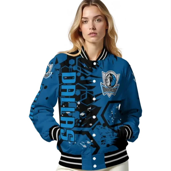 personalized dallas mavericks hexagon cluster blue black varsity jacket latest model.webp