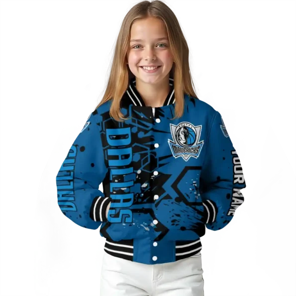 personalized dallas mavericks hexagon cluster blue black varsity jacket top rated.webp