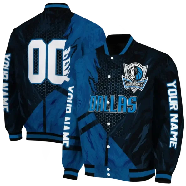personalized dallas mavericks hexagon mesh blue black varsity jacket fashion forward.webp