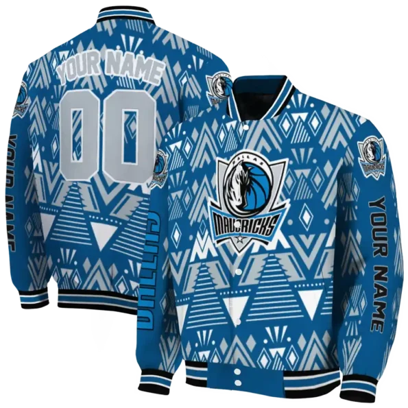 personalized dallas mavericks pyramid shapes blue varsity jacket fashion forward.webp