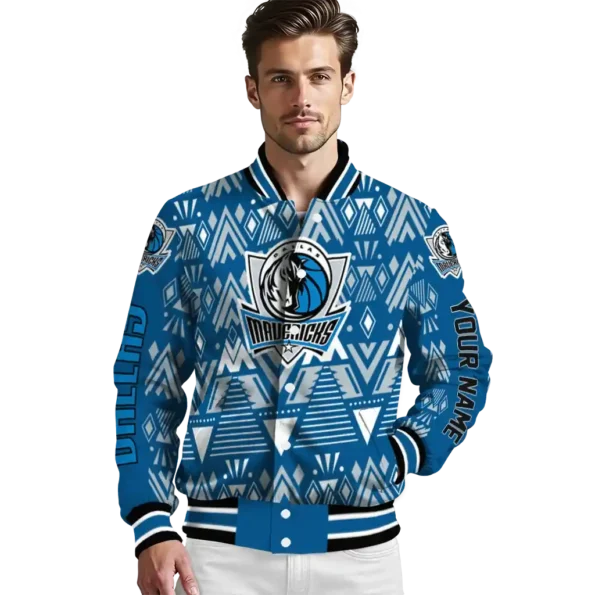 personalized dallas mavericks pyramid shapes blue varsity jacket high quality.webp
