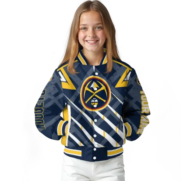 personalized denver nuggets chevron angles blue varsity jacket top rated.webp