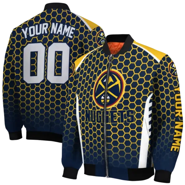 personalized denver nuggets hexagon grid blue bomber jacket fashion forward
