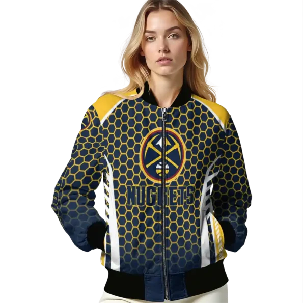 personalized denver nuggets hexagon grid blue bomber jacket latest model