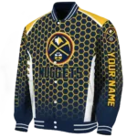 personalized denver nuggets hexagon grid blue varsity jacket best selling.webp