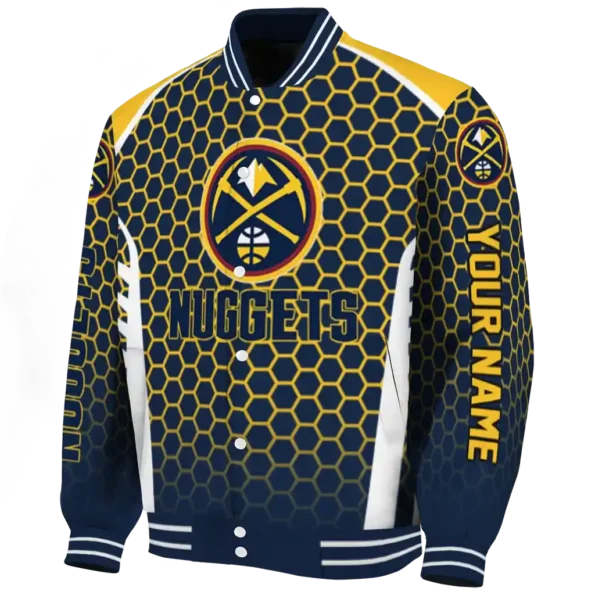 personalized denver nuggets hexagon grid blue varsity jacket best selling.webp