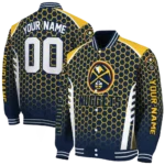 personalized denver nuggets hexagon grid blue varsity jacket best selling.webp