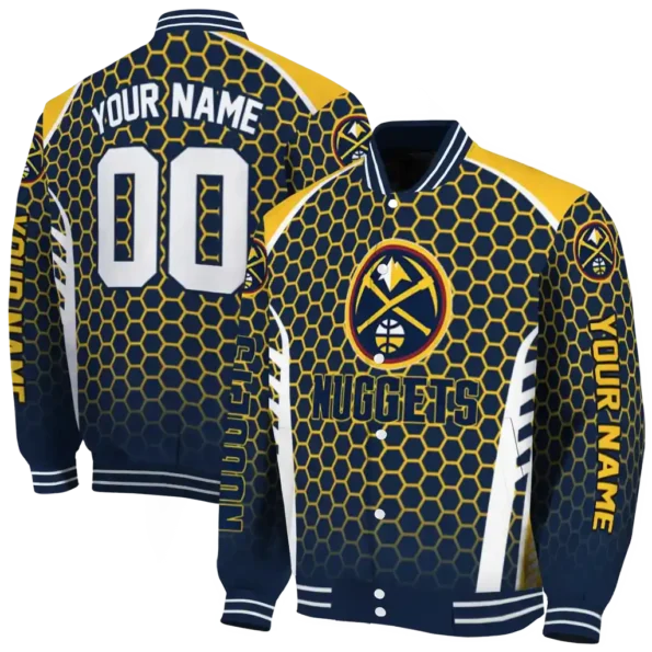 personalized denver nuggets hexagon grid blue varsity jacket fashion forward.webp