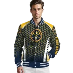 personalized denver nuggets hexagon grid blue varsity jacket best selling.webp