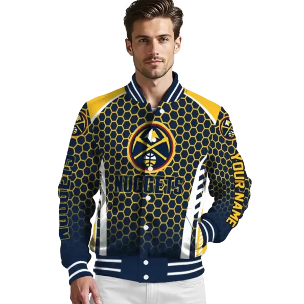 personalized denver nuggets hexagon grid blue varsity jacket high quality.webp