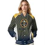 personalized denver nuggets hexagon grid blue varsity jacket best selling.webp