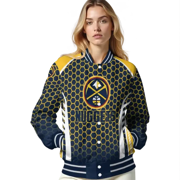 personalized denver nuggets hexagon grid blue varsity jacket latest model.webp