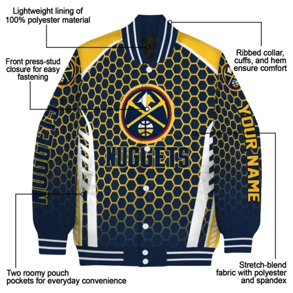 personalized denver nuggets hexagon grid blue varsity jacket new arrival.webp