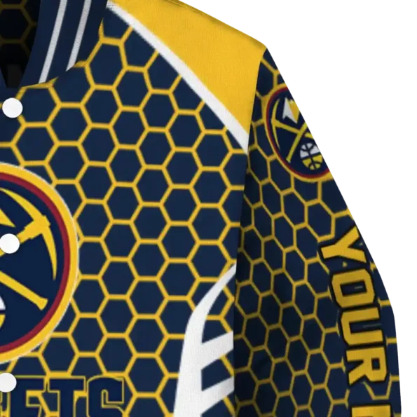 personalized denver nuggets hexagon grid blue varsity jacket premium grade.webp