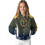 personalized denver nuggets hexagon grid blue varsity jacket best selling.webp