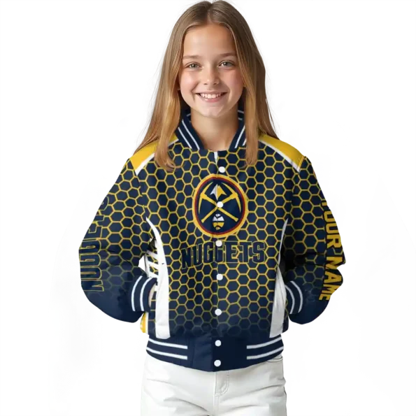 personalized denver nuggets hexagon grid blue varsity jacket top rated.webp