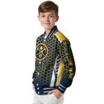 personalized denver nuggets hexagon grid blue varsity jacket best selling.webp