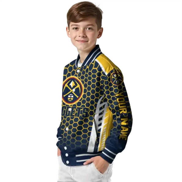 personalized denver nuggets hexagon grid blue varsity jacket trendy.webp