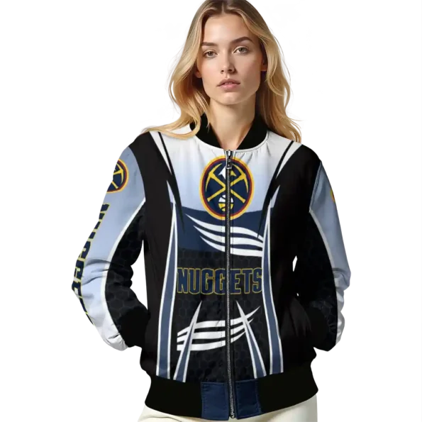 personalized denver nuggets mesh effect blue black bomber jacket latest model
