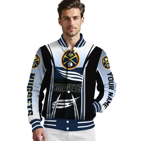 personalized denver nuggets mesh effect blue black varsity jacket high quality.webp