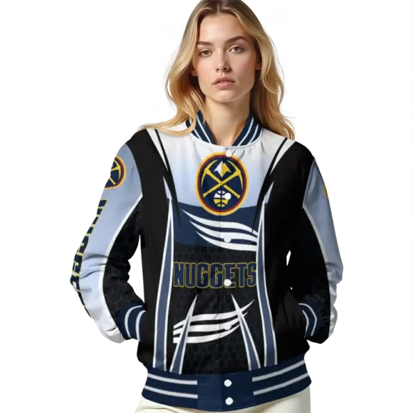 personalized denver nuggets mesh effect blue black varsity jacket latest model.webp