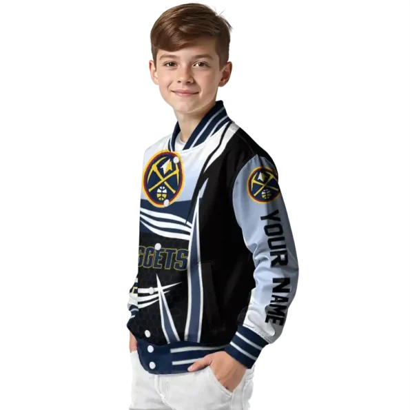 personalized denver nuggets mesh effect blue black varsity jacket trendy.webp