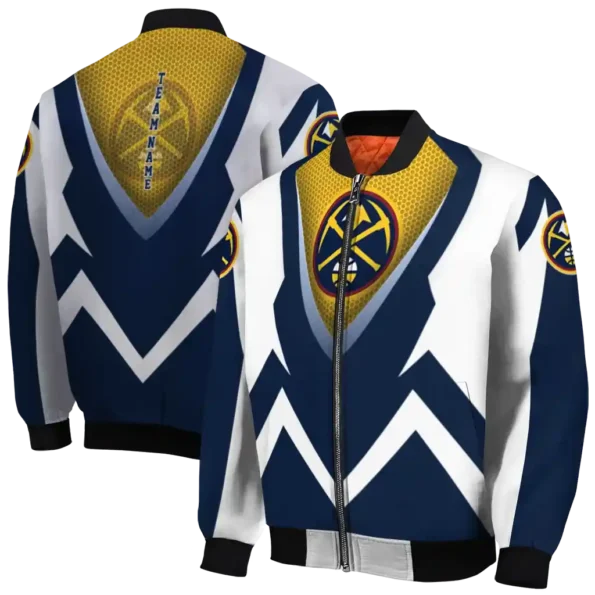 personalized denver nuggets v stripes blue white bomber jacket fashion forward