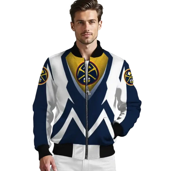personalized denver nuggets v stripes blue white bomber jacket high quality