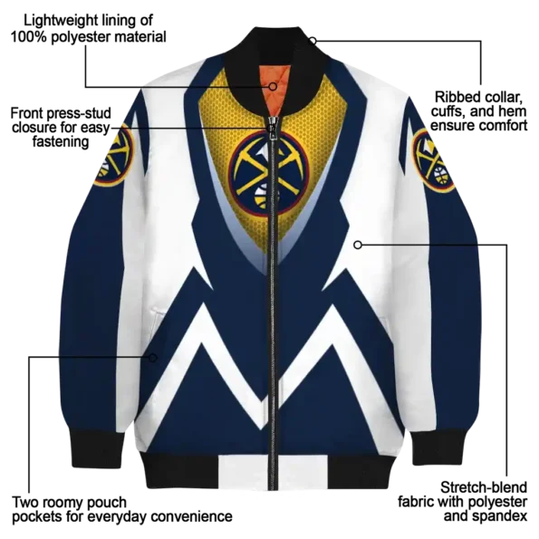 personalized denver nuggets v stripes blue white bomber jacket new arrival
