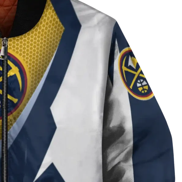 personalized denver nuggets v stripes blue white bomber jacket premium grade