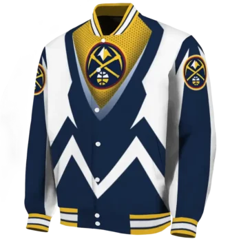personalized denver nuggets v stripes blue white varsity jacket best selling.webp
