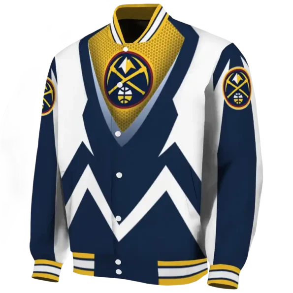 personalized denver nuggets v stripes blue white varsity jacket best selling.webp