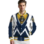 personalized denver nuggets v stripes blue white varsity jacket best selling.webp