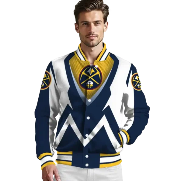 personalized denver nuggets v stripes blue white varsity jacket high quality.webp