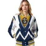 personalized denver nuggets v stripes blue white varsity jacket best selling.webp