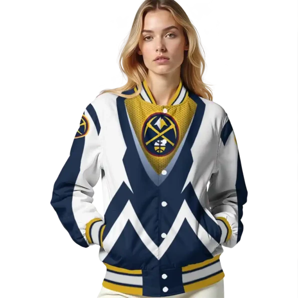 personalized denver nuggets v stripes blue white varsity jacket latest model.webp