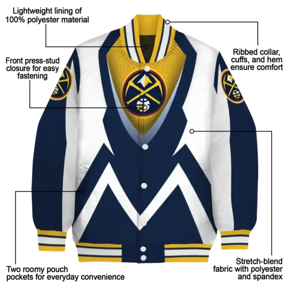 personalized denver nuggets v stripes blue white varsity jacket new arrival.webp
