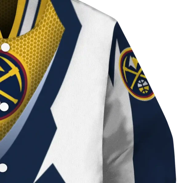 personalized denver nuggets v stripes blue white varsity jacket premium grade.webp