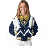 personalized denver nuggets v stripes blue white varsity jacket best selling.webp