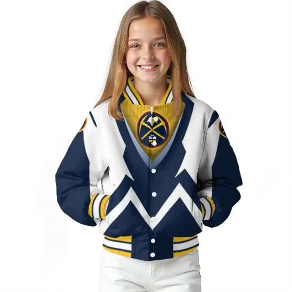 personalized denver nuggets v stripes blue white varsity jacket top rated.webp