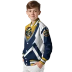 personalized denver nuggets v stripes blue white varsity jacket best selling.webp