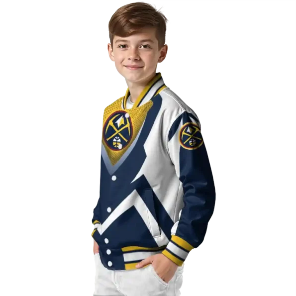 personalized denver nuggets v stripes blue white varsity jacket trendy.webp