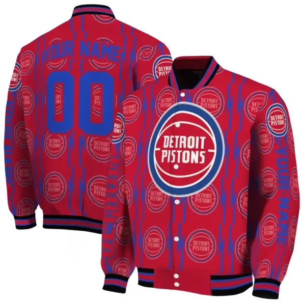 personalized detroit pistons bolt stripe red varsity jacket fashion forward.webp