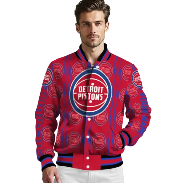 personalized detroit pistons bolt stripe red varsity jacket high quality.webp