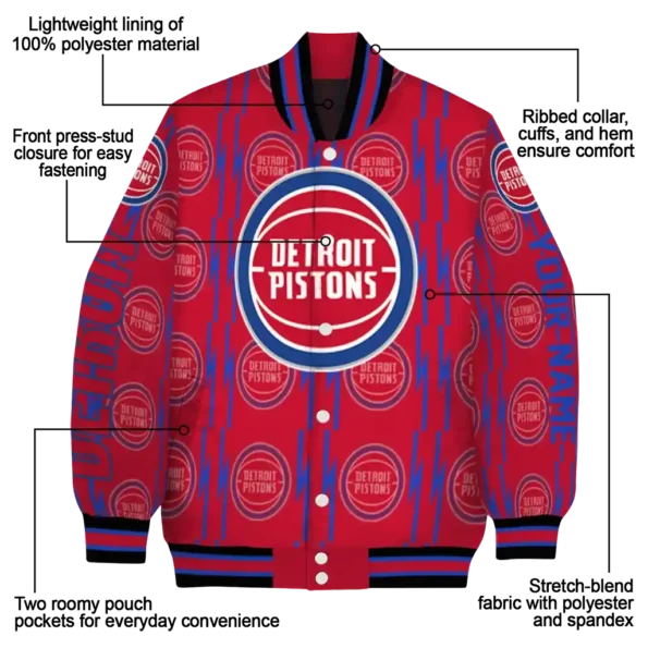 personalized detroit pistons bolt stripe red varsity jacket new arrival.webp