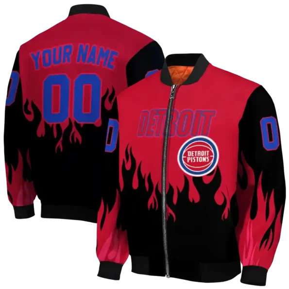 personalized detroit pistons flame border red black bomber jacket fashion forward