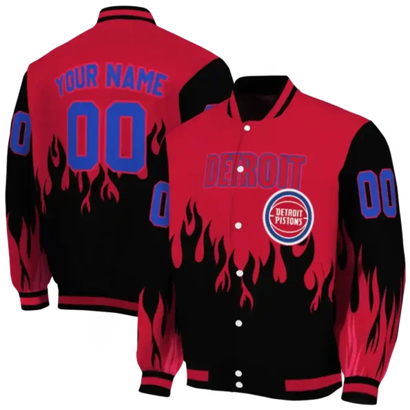 personalized detroit pistons flame border red black varsity jacket fashion forward.webp