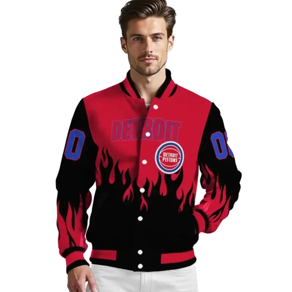 personalized detroit pistons flame border red black varsity jacket high quality.webp
