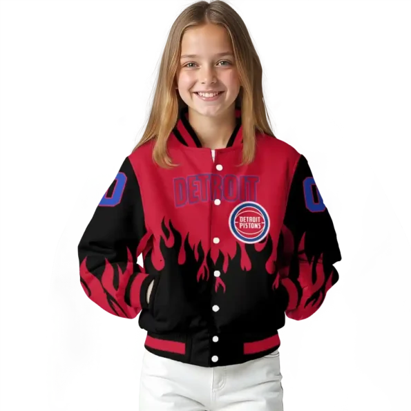 personalized detroit pistons flame border red black varsity jacket top rated.webp